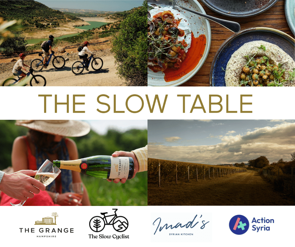 text 'the slow table' surrounded by images of food, cycling and wine